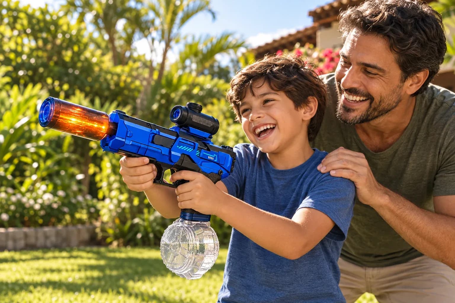 Cena ilustrativa de pai e filho brincando no quintal