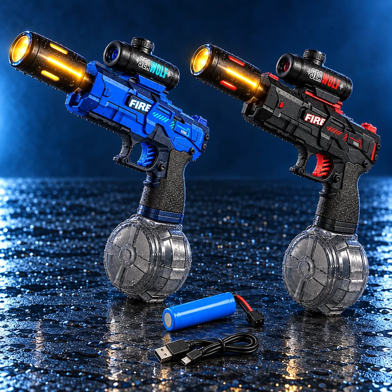 Composição ilustrativa de duas AquaBlast nas cores Azul e Preto, com tambores, bateria e cabo USB