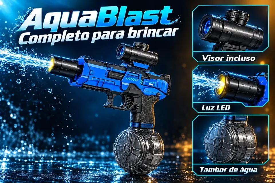 AquaBlast azul completo: lançador de água elétrico, com detalhes do visor incluso, luz LED frontal e tambor de água